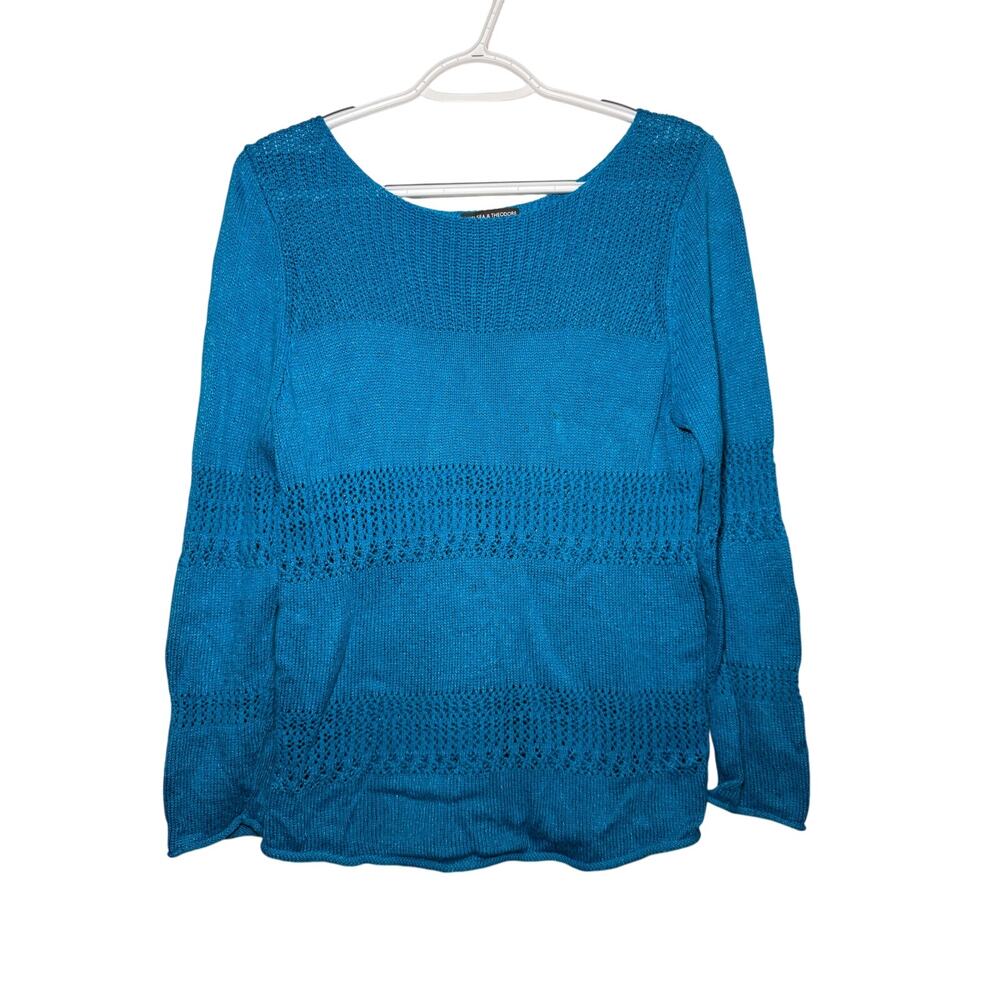 Chelsea & Theodore blue knit sweater womens large preppy clean girl quiet luxury